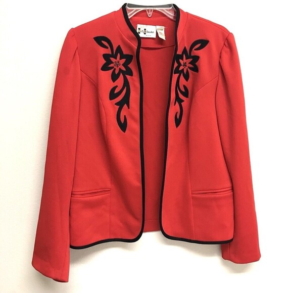 Vintage Marty Gutmacher Open Front Blazer Jacket Sz 16 1/2 Union Made Red Black - Picture 1 of 9